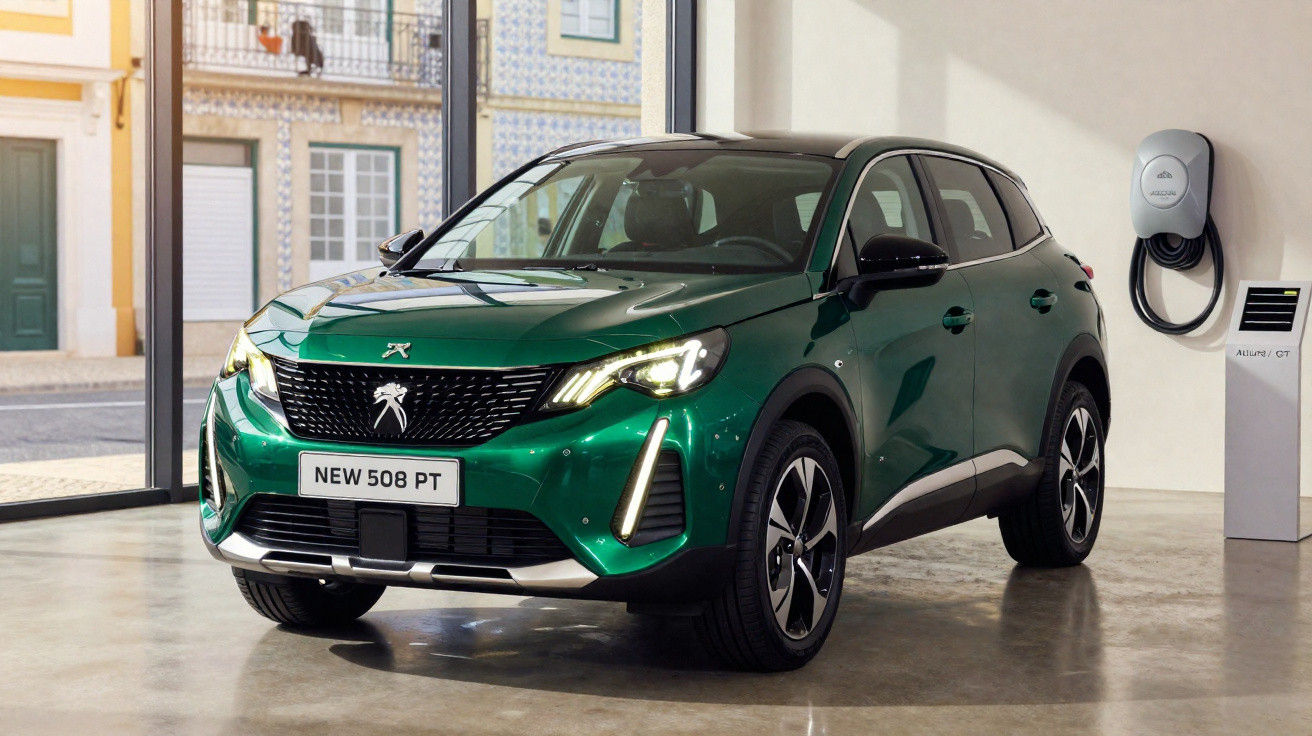 Carro elétrico verde em showroom com carregador instalado na parede ao lado direito.