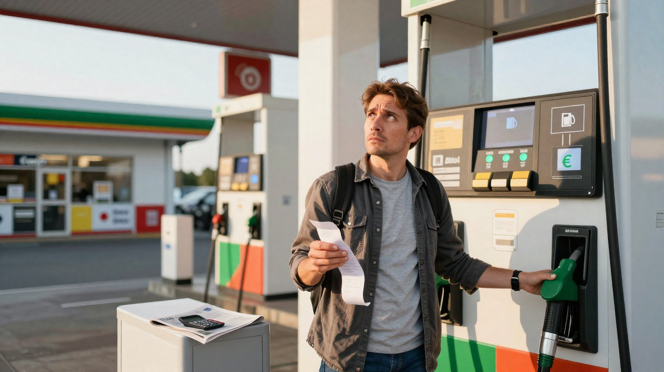 Homem com expressão preocupada segura nota fiscal enquanto abastece carro em posto de gasolina.