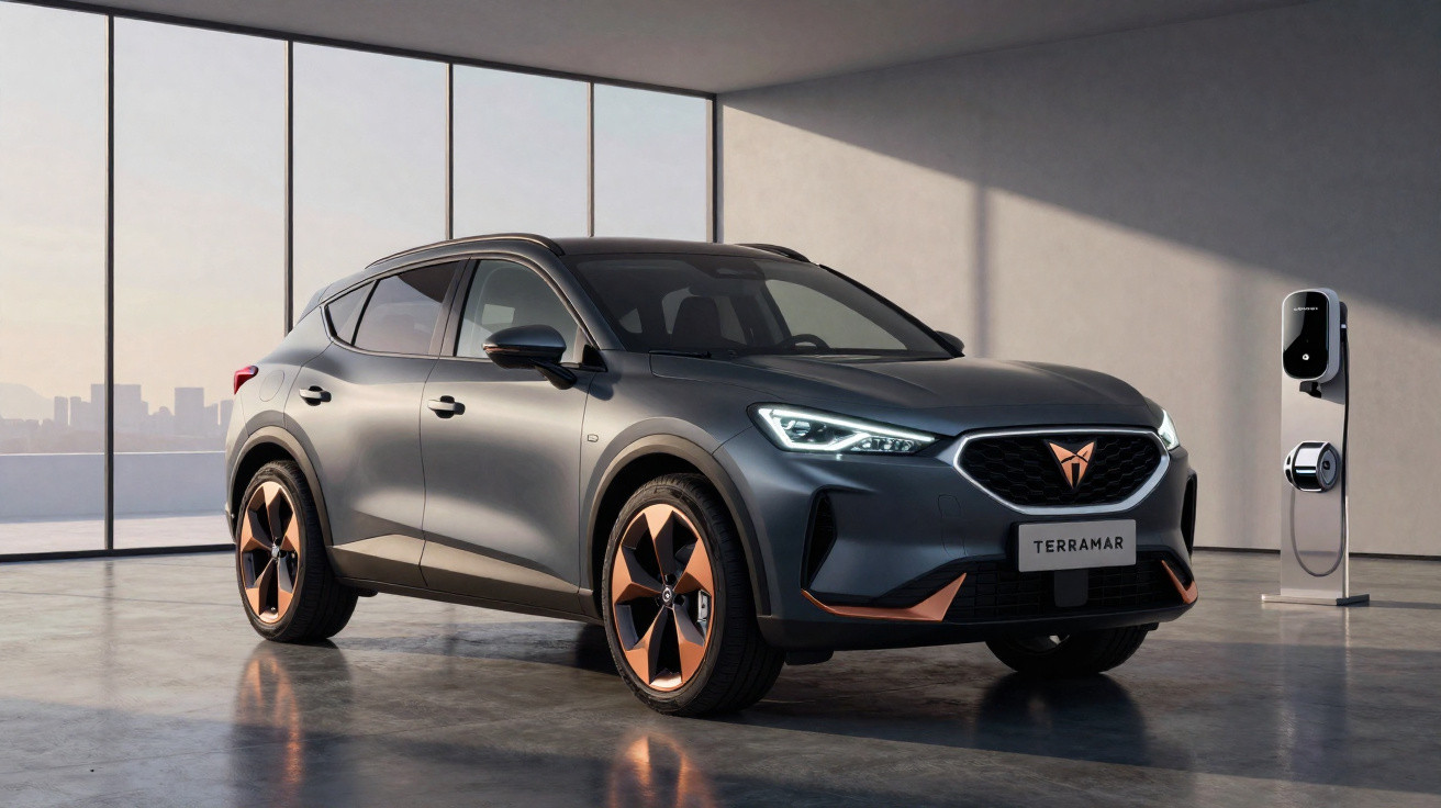 SUV elétrico cinza com detalhes em cobre estacionado em ambiente interno com carregador na parede.