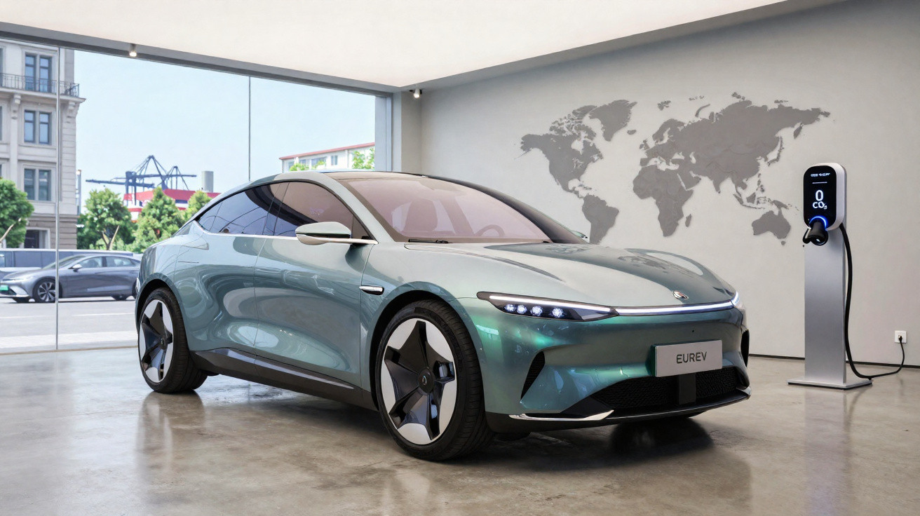 Carro elétrico moderno cinza estacionado em sala com estação de recarga e mapa mundi na parede.
