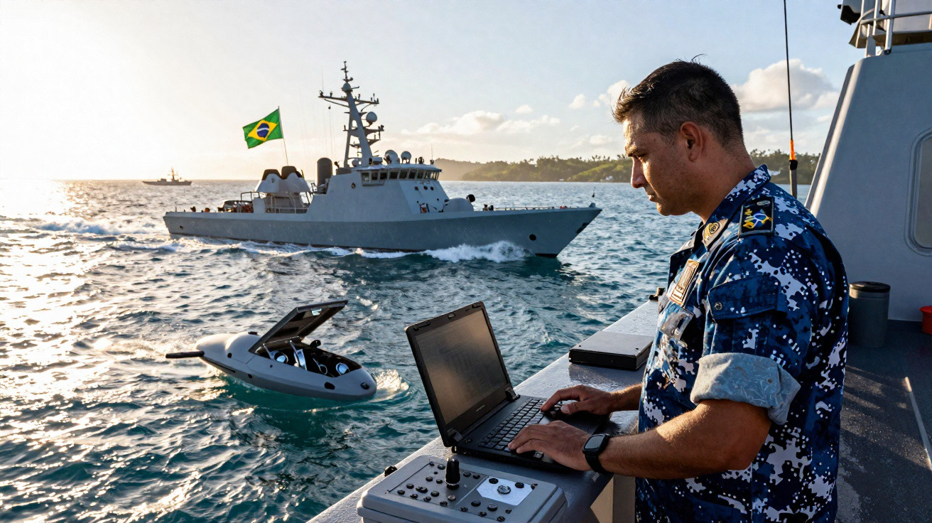 Marinheiro operando laptop e controle remoto para drone aquático próximo a navio da Marinha do Brasil ao pôr do sol.