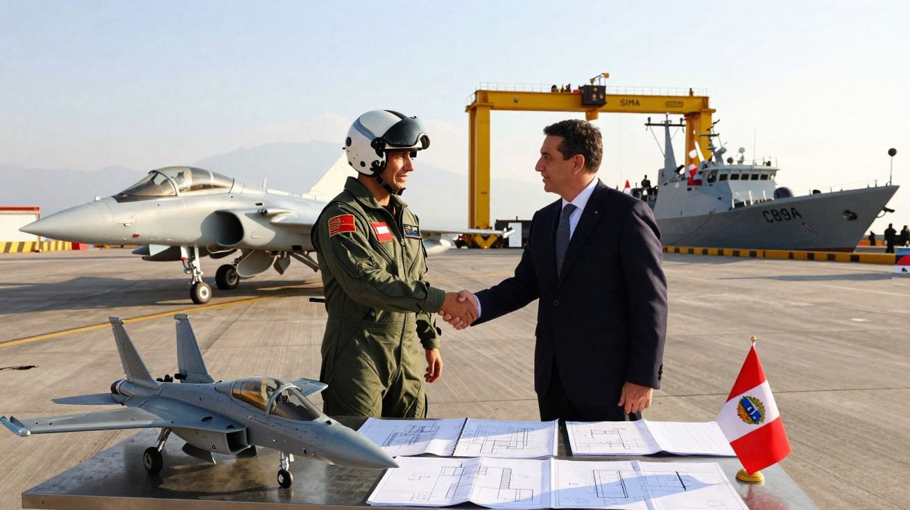 Homem de terno cumprimenta piloto militar em pista com jato, modelo de avião, planta e bandeira do Peru.