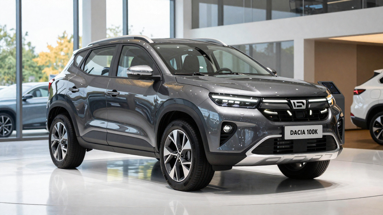 Carro SUV cinza Dacia 100K exibido em showroom moderno, com teto panorâmico e rodas esportivas.