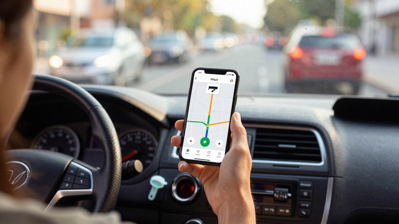 Pessoa segurando smartphone com app de navegação Waze aberto dentro de carro parado no trânsito urbano.