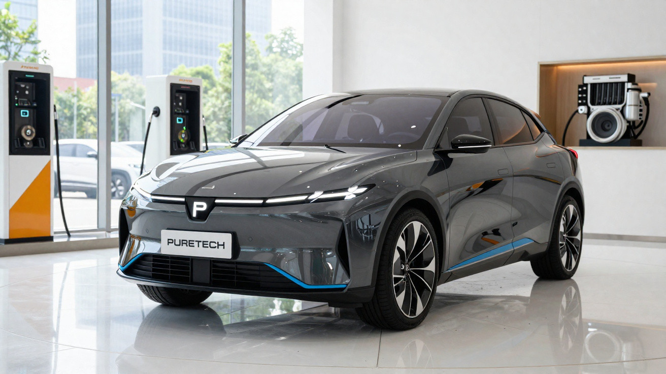 Carro elétrico cinza escuro estacionado em showroom moderno com estações de carregamento ao fundo.