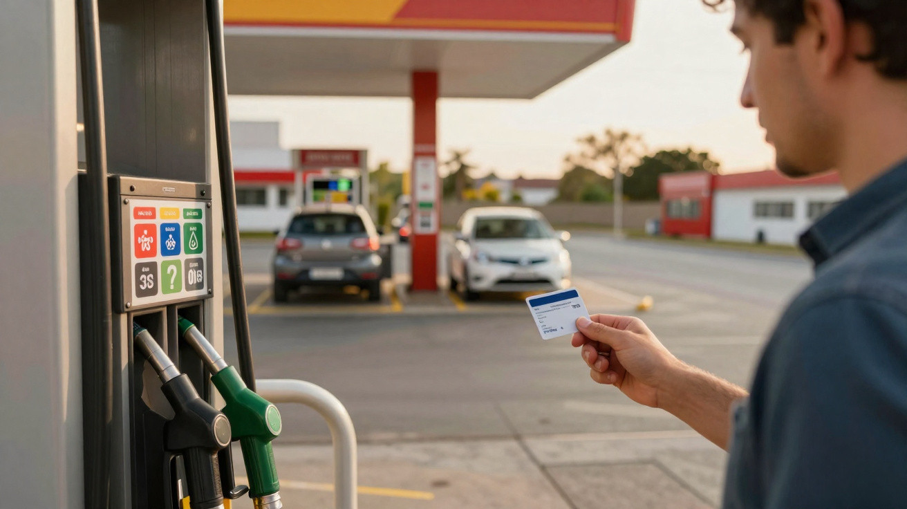 Homem segurando cartão para pagamento ao abastecer carro em posto de gasolina.