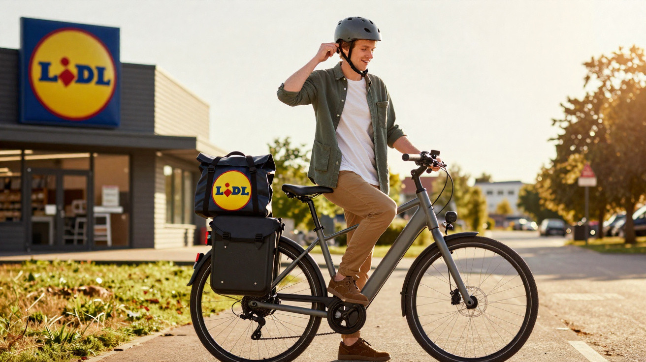 Homem com capacete em bicicleta cinza estacionada em frente a supermercado Lidl ao pôr do sol.