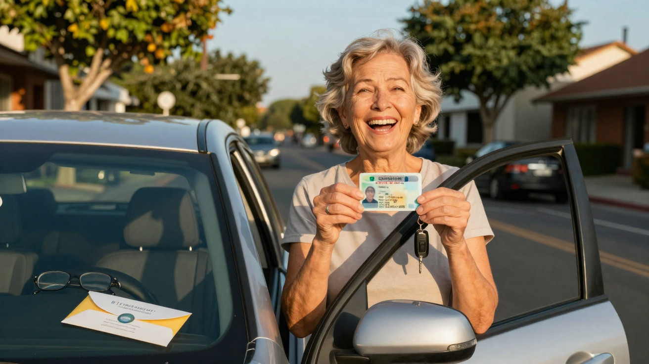 Mulher idosa sorridente segurando carteira de motorista ao lado da porta aberta de um carro cinza estacionado.