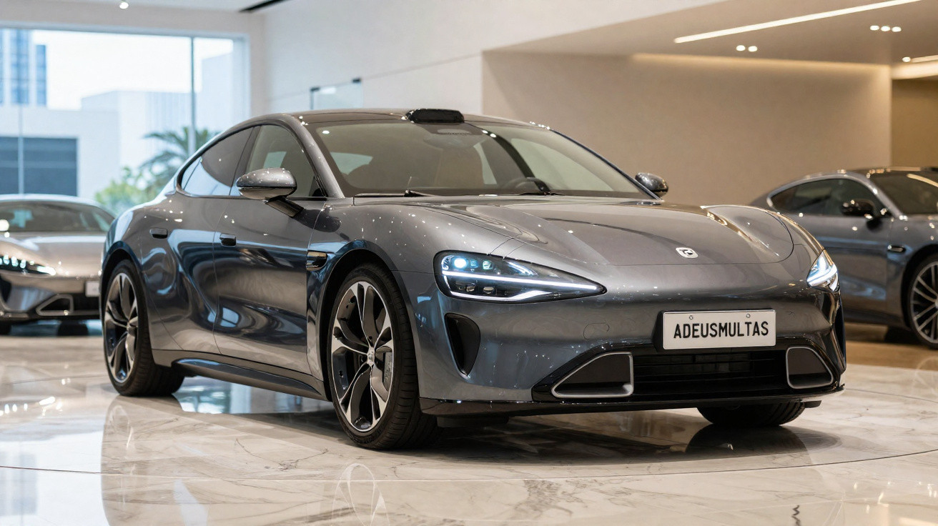 Carro esportivo cinza exibido em showroom com placa personalizada "ADEUSMULTAS".