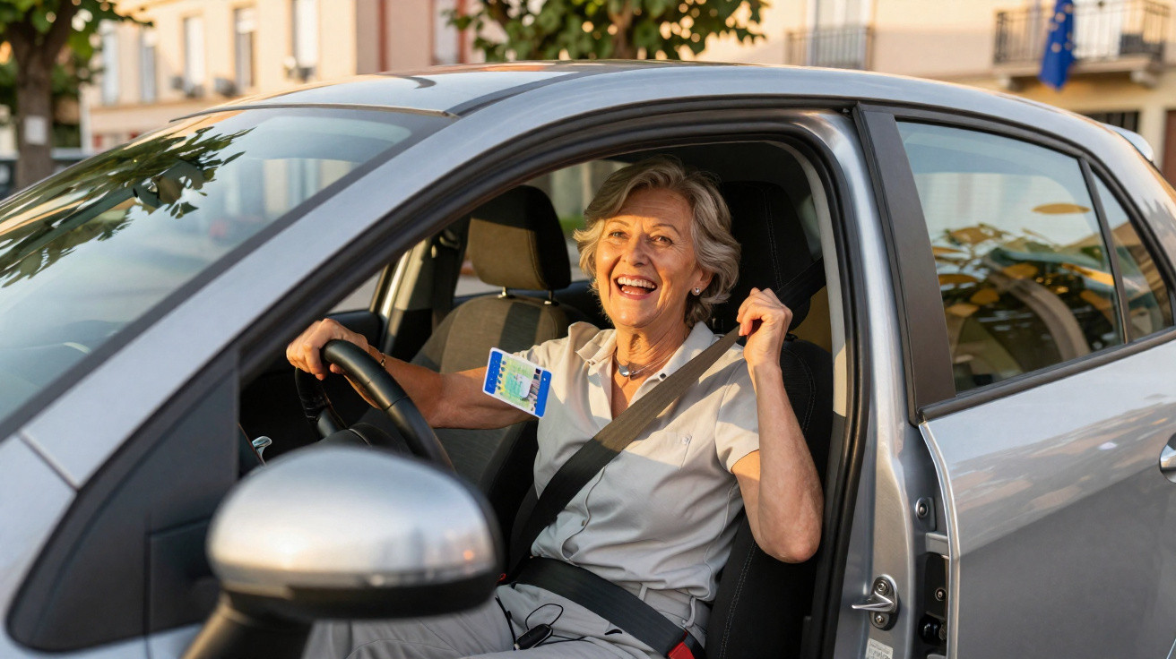 Mulher idosa sorridente colocando o cinto de segurança sentada no banco do motorista de carro prata.