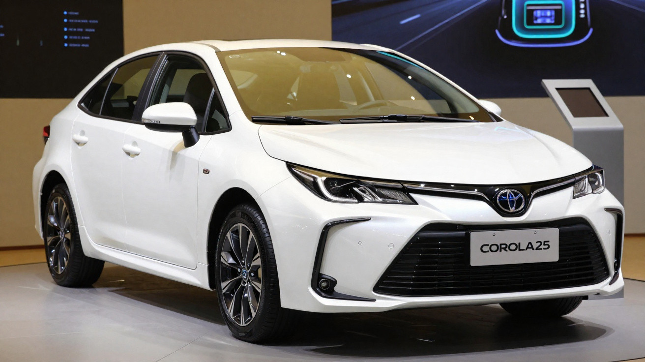 Carro sedan Toyota Corolla 2025 branco exibido em salão de automóveis, vista frontal direita.