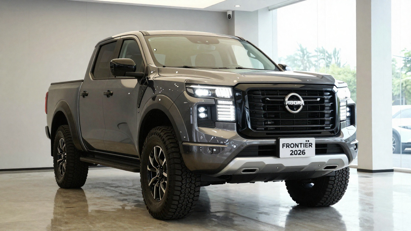 Picape preta Nissan Frontier 2026 exibida em showroom com iluminação natural e piso brilhante.