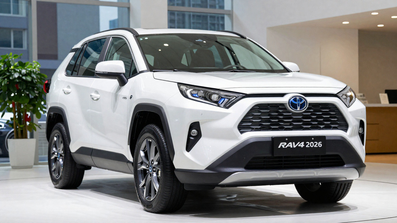Carro SUV branco Toyota RAV4 2026 em ambiente interno com plantas e janelas ao fundo.