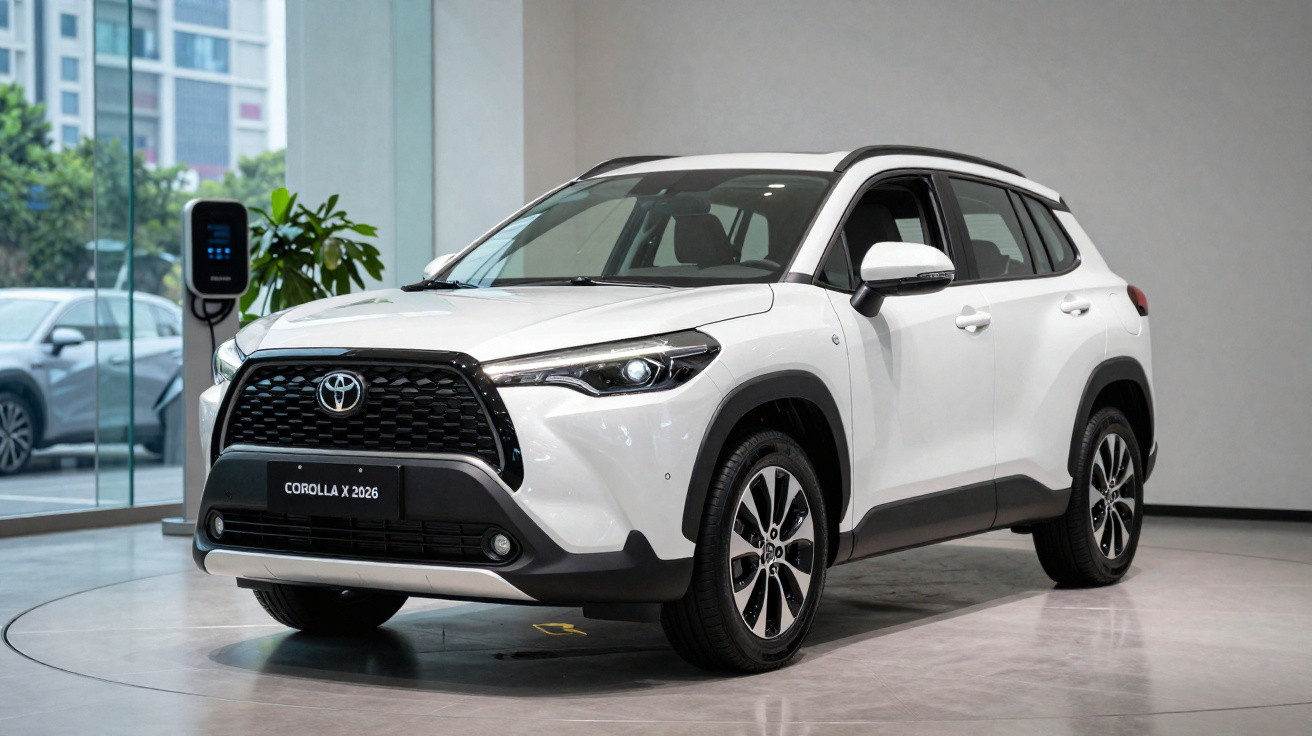 Carro branco Toyota Corolla X 2026 em exposição interna, com design moderno e rodas de liga leve.