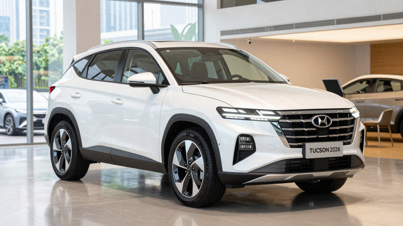 Carro SUV branco Hyundai Tucson 2026 exibido em showroom moderno com piso espelhado.