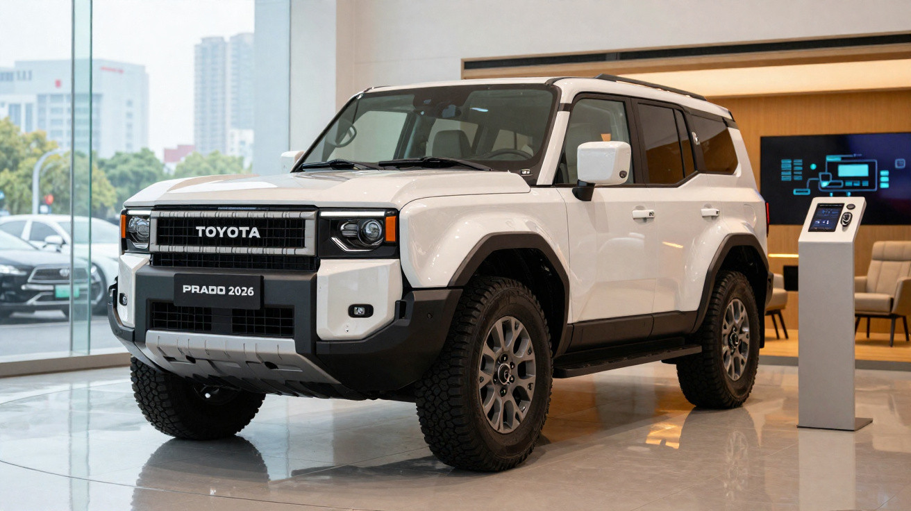 SUV branco Toyota Prado 2026 exibido em showroom moderno com grandes janelas e piso refletivo.