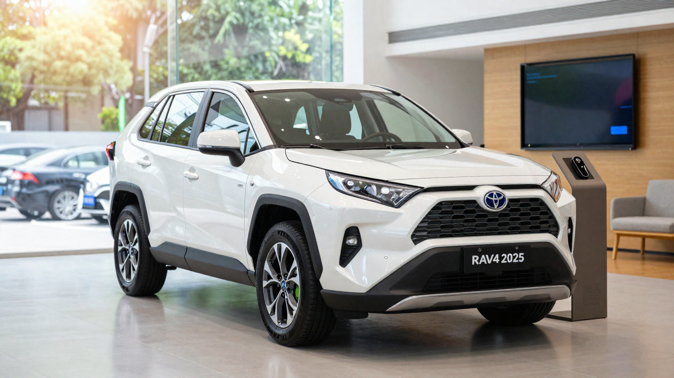 Carro SUV branco Toyota RAV4 2025 exposto em showroom moderno com iluminação natural.