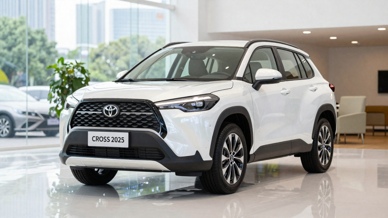 Carro Toyota Cross 2025 branco em showroom moderno com piso brilhante e móveis ao fundo.