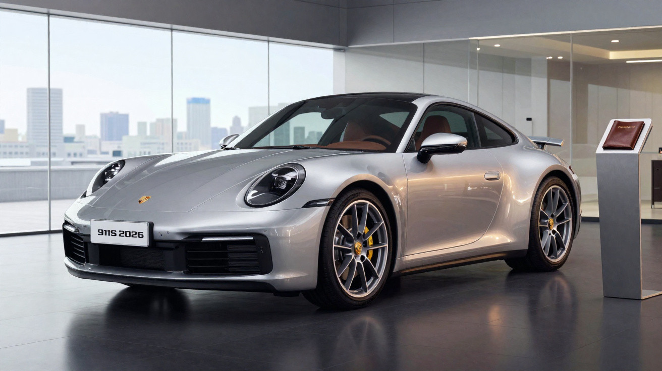 Carro esportivo Porsche 911S prata modelo 2026 em exposição dentro de showroom moderno.