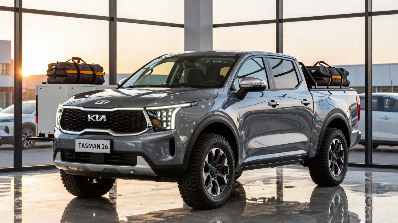 Caminhonete Kia Tasman 26 cinza estacionada em showroom com bagagem no teto e caçamba.