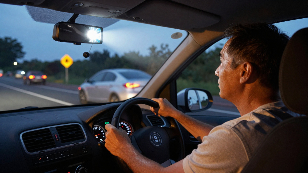 Homem dirigindo à noite em uma estrada com veículos ao fundo e câmera no retrovisor interno.