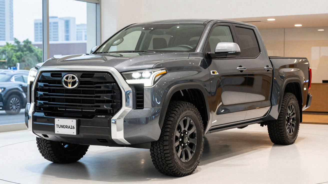 Picape Toyota Tundra cinza estacionada em ambiente interno moderno e iluminado.