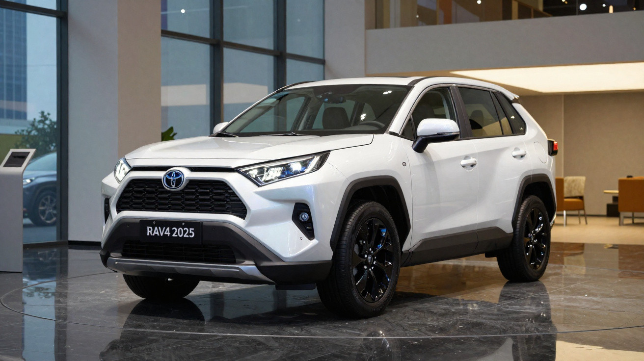 SUV Toyota RAV4 2025 branco com rodas pretas exposto em salão moderno.