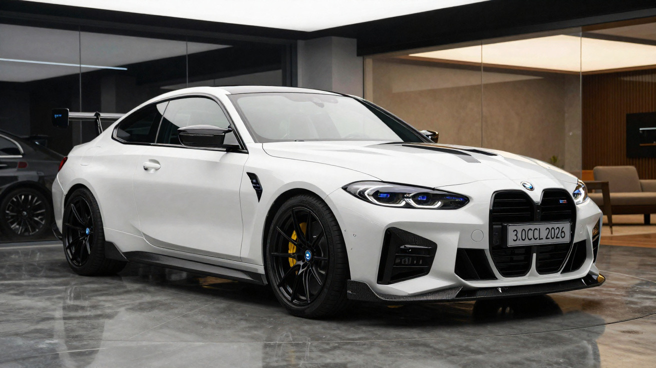 Carro esportivo BMW branco com detalhes pretos, rodas pretas e freios amarelos em garagem moderna.