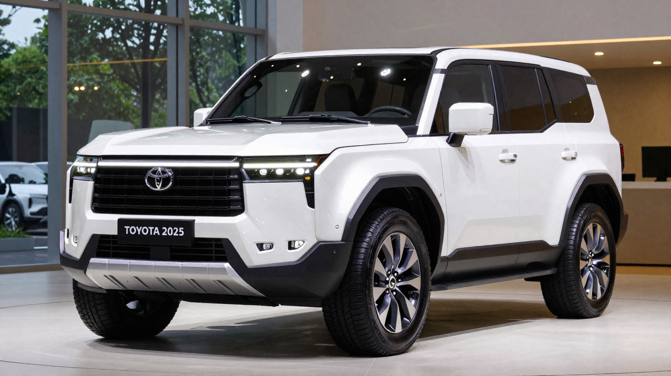 SUV branco Toyota 2025 estacionado em ambiente interno moderno.