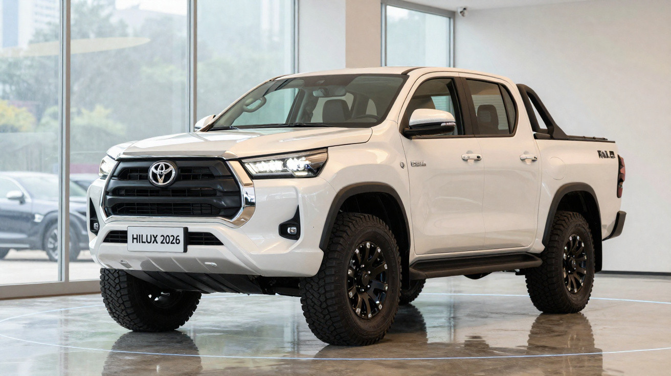 Picape Toyota Hilux branca modelo 2026 exposta em showroom com pneus off-road e grade frontal preta.