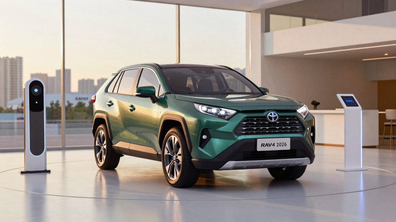 SUV Toyota RAV4 2026 verde estacionado em ambiente moderno com estação de carregamento elétrico.
