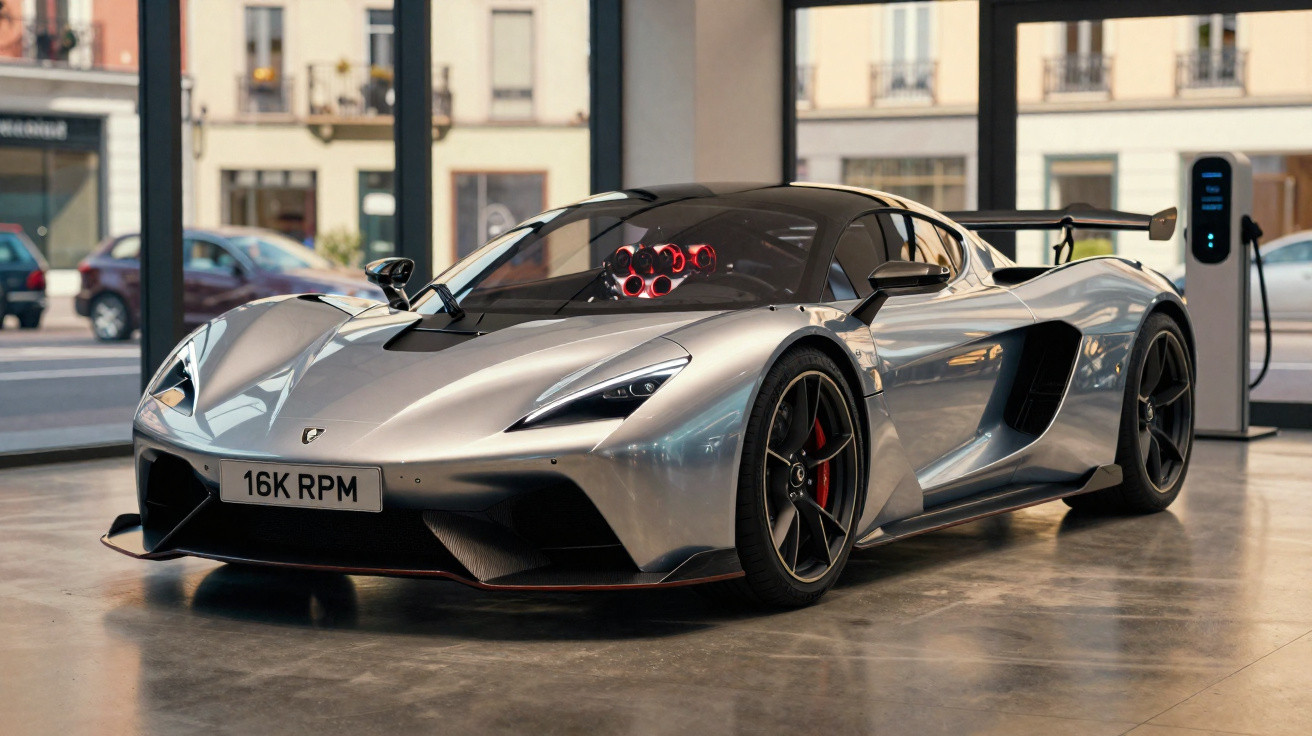 Carro esportivo prata com design aerodinâmico em showroom urbano, com tomada elétrica ao fundo.