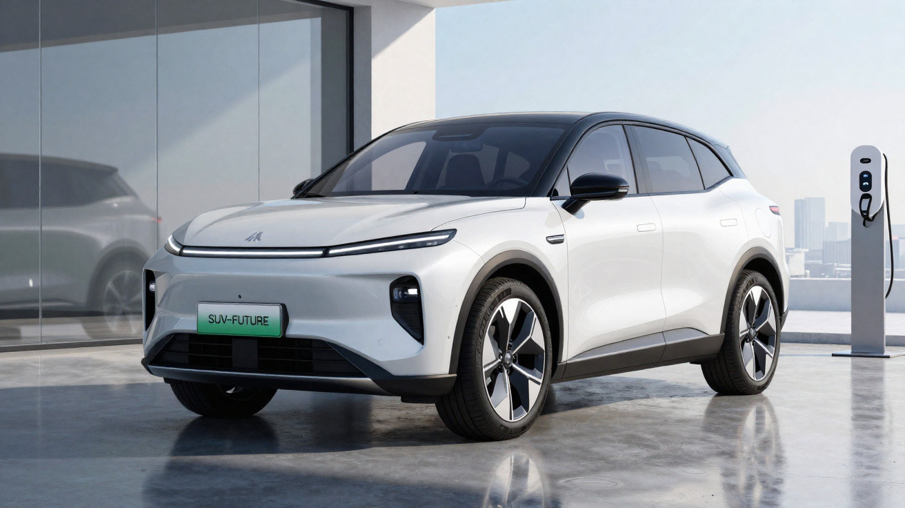 SUV elétrico branco moderno estacionado próximo a ponto de recarga em ambiente urbano e minimalista.