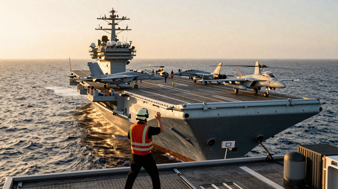 Porta-aviões no mar com aviões de combate no convés e marinheiro sinalizando com braço levantado.