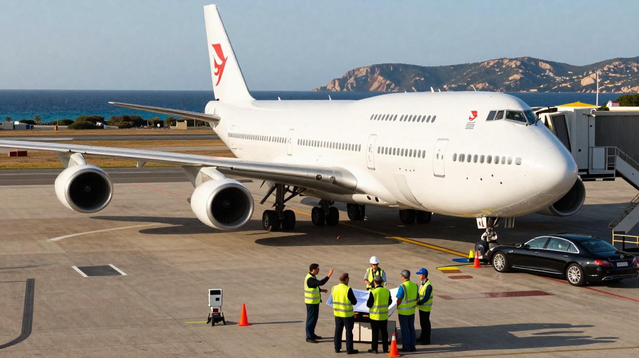 Avião branco estacionado no aeroporto com cinco funcionários de colete refletivo conversando próximo à aeronave.
