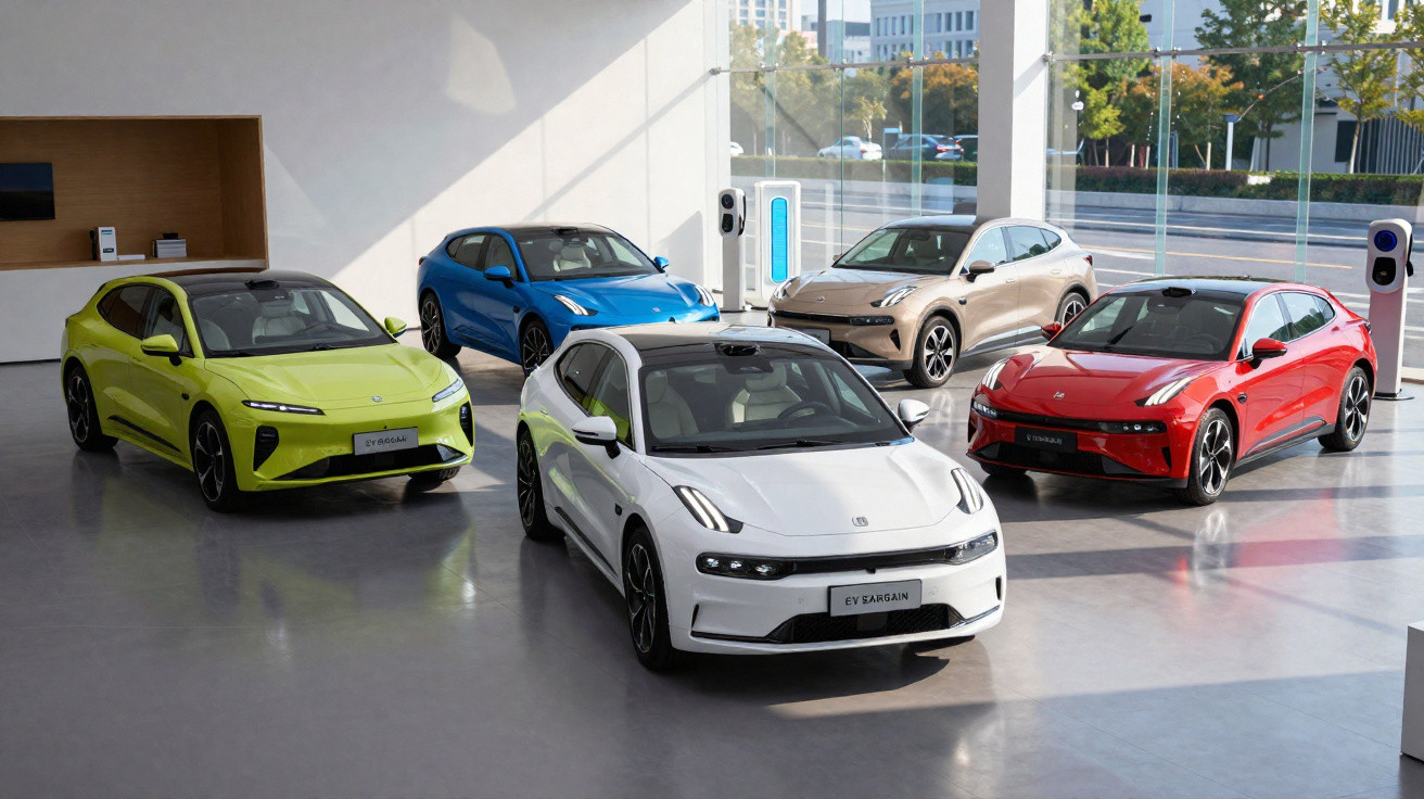 Cinco carros elétricos coloridos exibidos em showroom moderno com paredes de vidro e luz natural.
