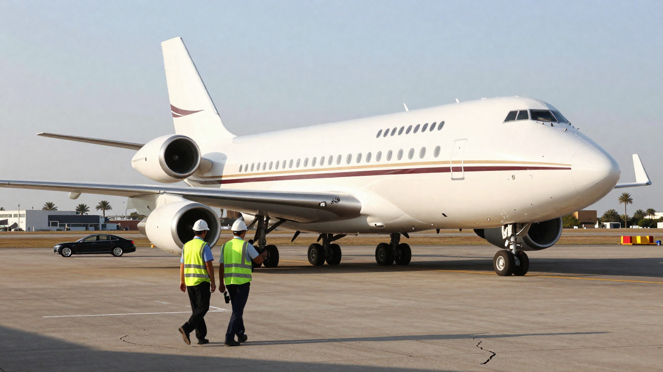 Avião branco estacionado no pátio do aeroporto com dois trabalhadores usando colete refletivo e capacete.