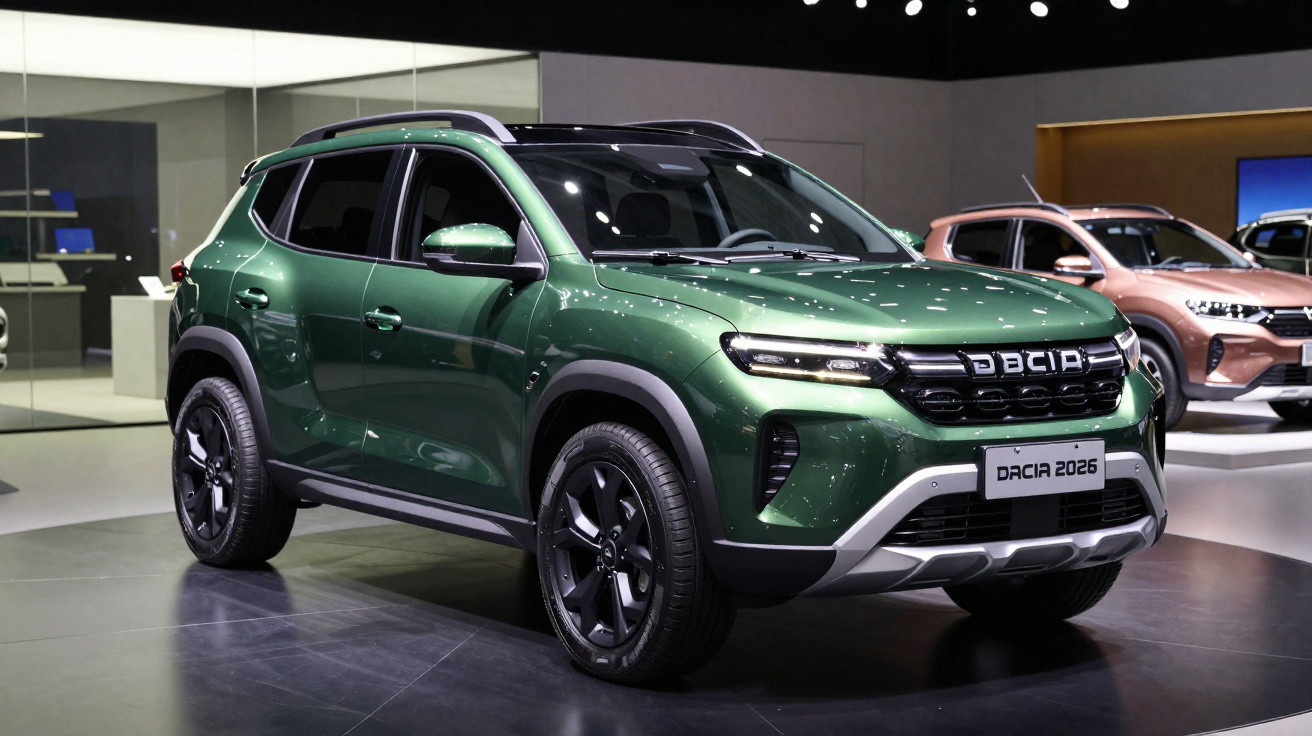 Carro SUV verde Dacia 2026 exibido em estande de salão automotivo, iluminação refletida na lataria.