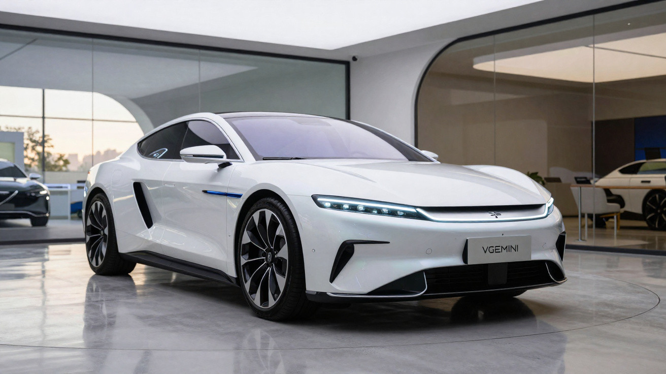 Carro elétrico esportivo branco modelo VGEMINI exibido em ambiente moderno e iluminado.
