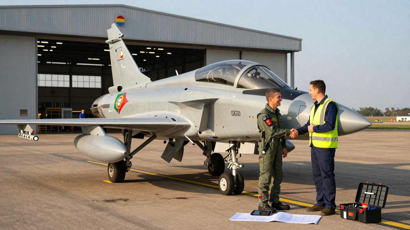 Piloto militar e técnico apertam as mãos ao lado de jato de combate estacionado em hangar aéreo.