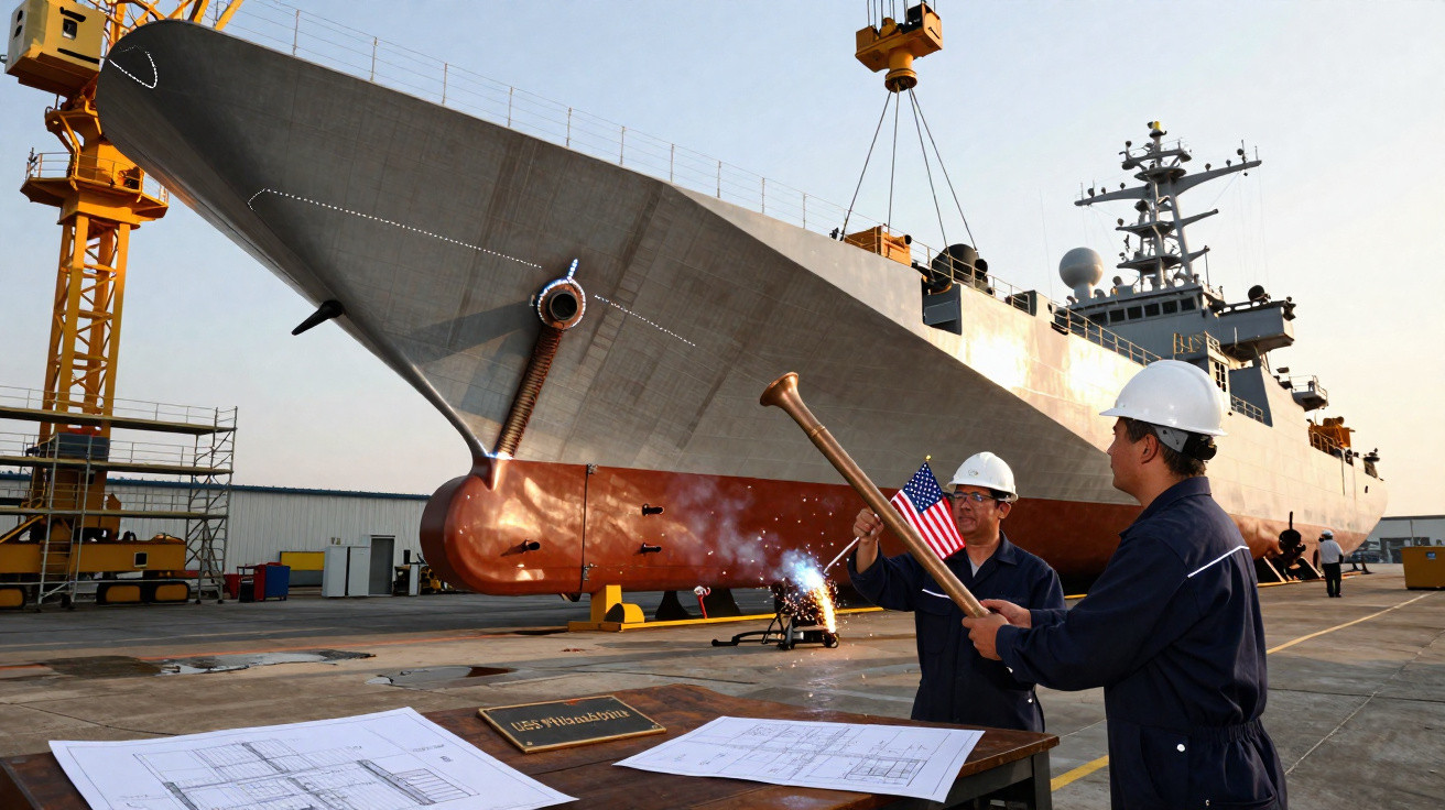 Dois trabalhadores com capacetes comemoram instalação de chaminé em grande navio de guerra em estaleiro.