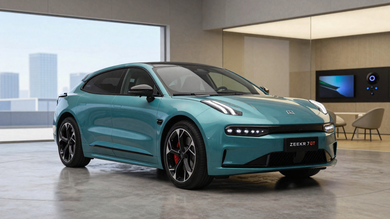 Carro elétrico esportivo azul Zeekr 7 GT estacionado em ambiente moderno interno e iluminado.