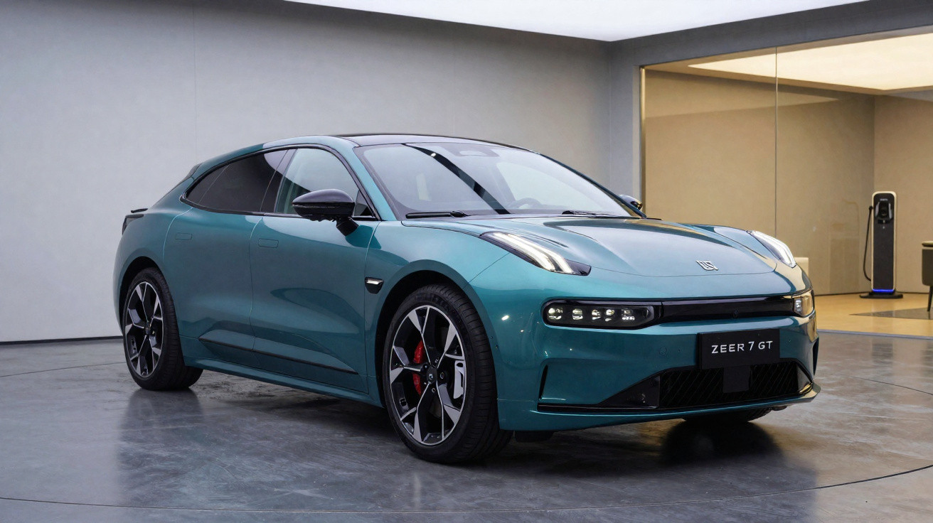 Carro elétrico Zeekr 7 GT verde em ambiente interno moderno com estação de recarga ao fundo.