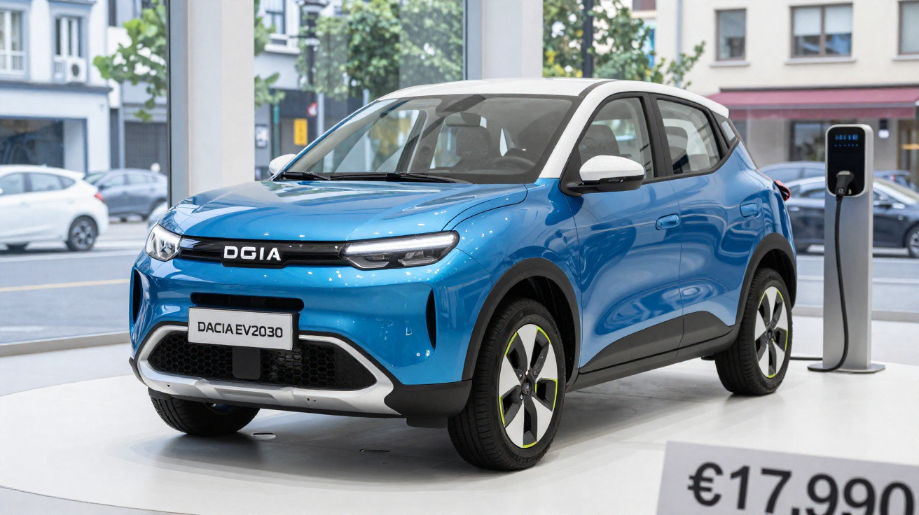 Carro elétrico azul Dacia EV2030 exposto em showroom com estação de recarga ao lado.