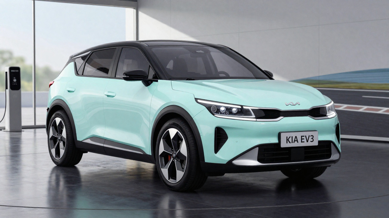 Carro elétrico KIA EV3 azul claro estacionado em ambiente moderno com estação de recarga ao fundo.