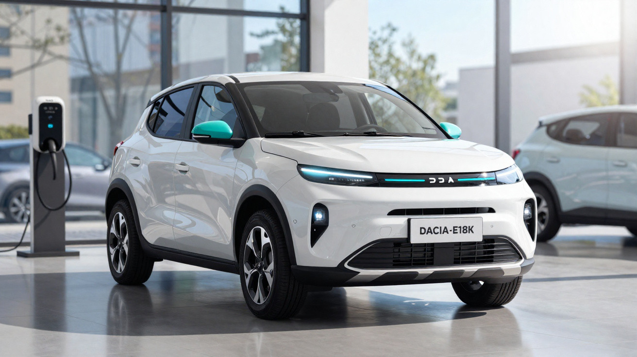 Carro elétrico branco Dacia E18K estacionado em showroom próximo a estação de recarga.