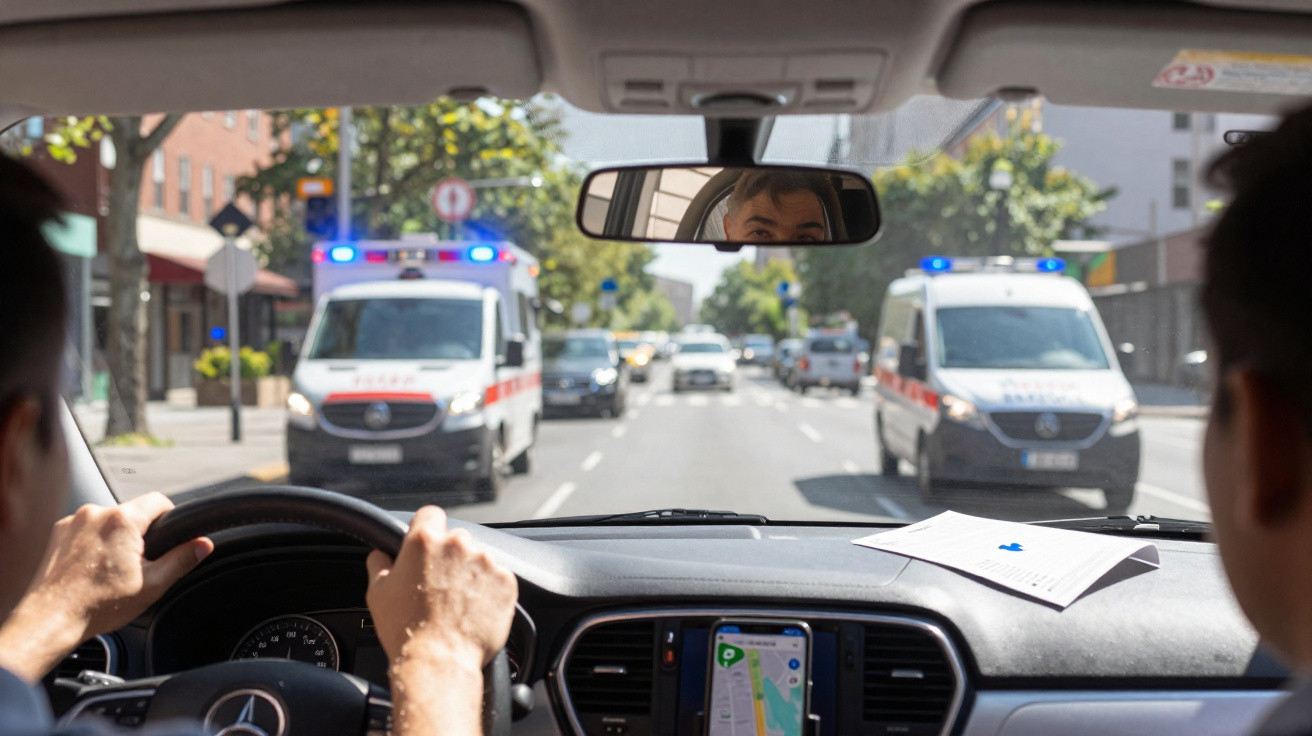 Vista interna de carro com motorista e passageiro, duas ambulâncias com sirene ligadas bloqueiam a rua.
