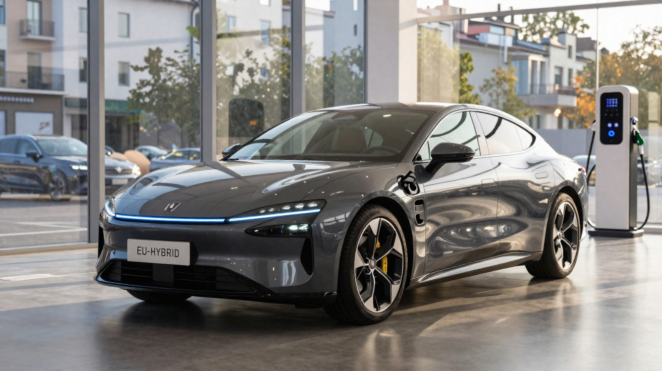Carro elétrico cinza estacionado em posto de recarga dentro de showroom moderno.