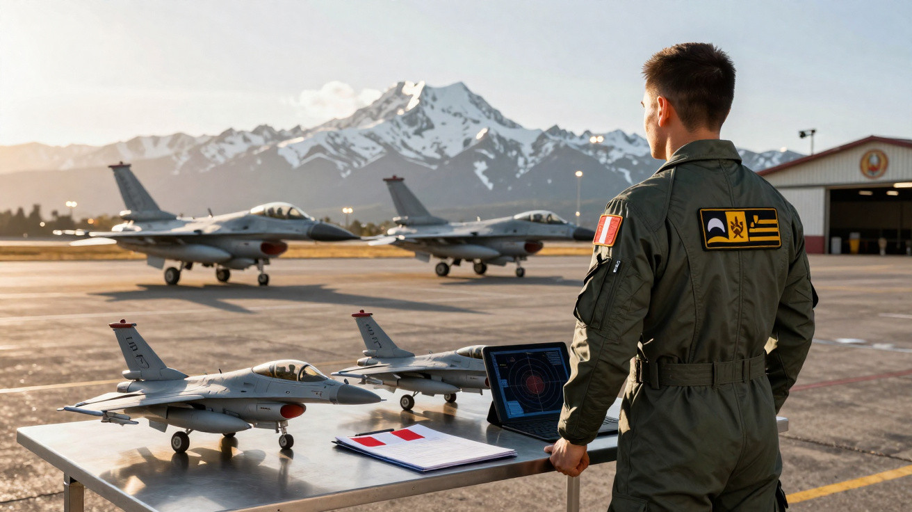 Piloto em uniforme militar observa maquetes de jatos F-16 em mesa na pista com montanha ao fundo.