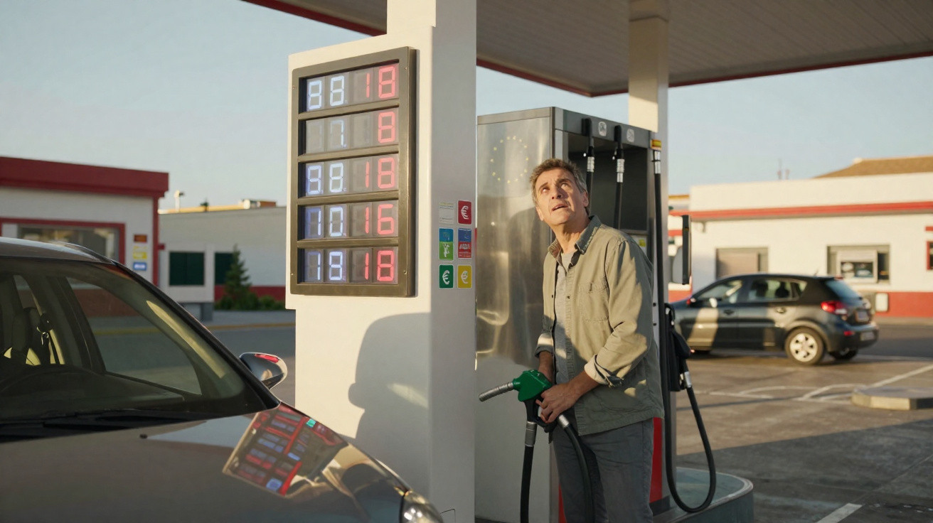 Homem abastecendo carro em posto de gasolina olhando para painel de preços ao pôr do sol.